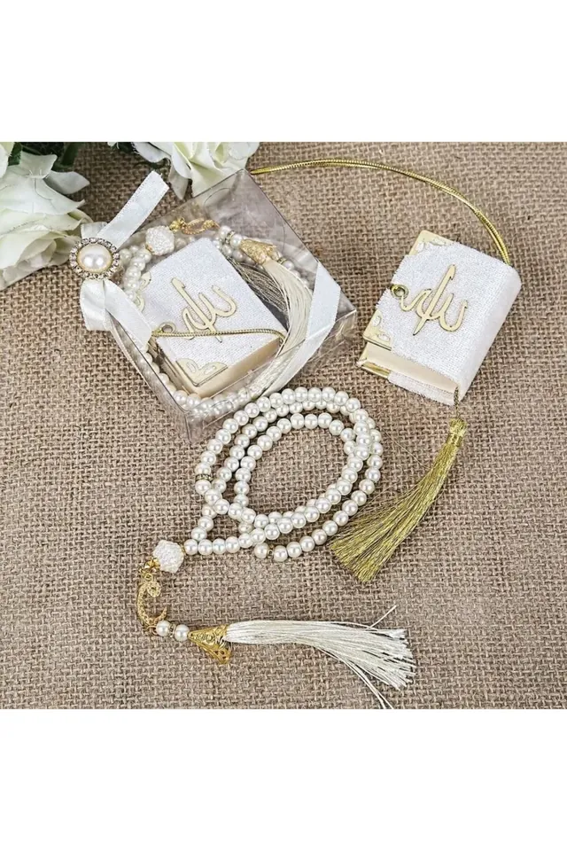 Hediyelik Mini Kuran, Inci Tesbihli Kare Kutulu Set