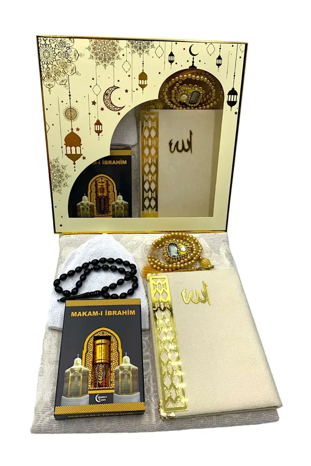 Çeyizlik Seccade Seti Kutulu Dini Şamdan Ramazan Hediyelik Bohça Seti